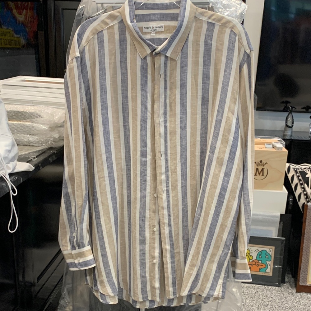 Angela Romano Amalfi Men’s Striped Linen Button-Up Shirt - Blue & Tan